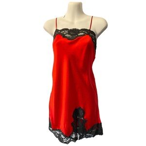 Vintage Gold Label Victoria’s Secret 100% Silk Polka Dot Red Chemise Lace Dress